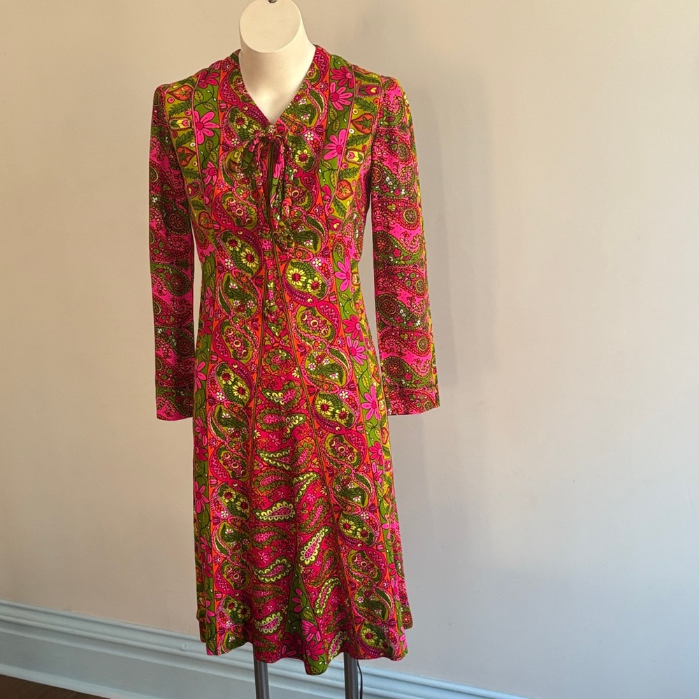 Vintage Floral Long Sleeve Dress - Pink and Green
